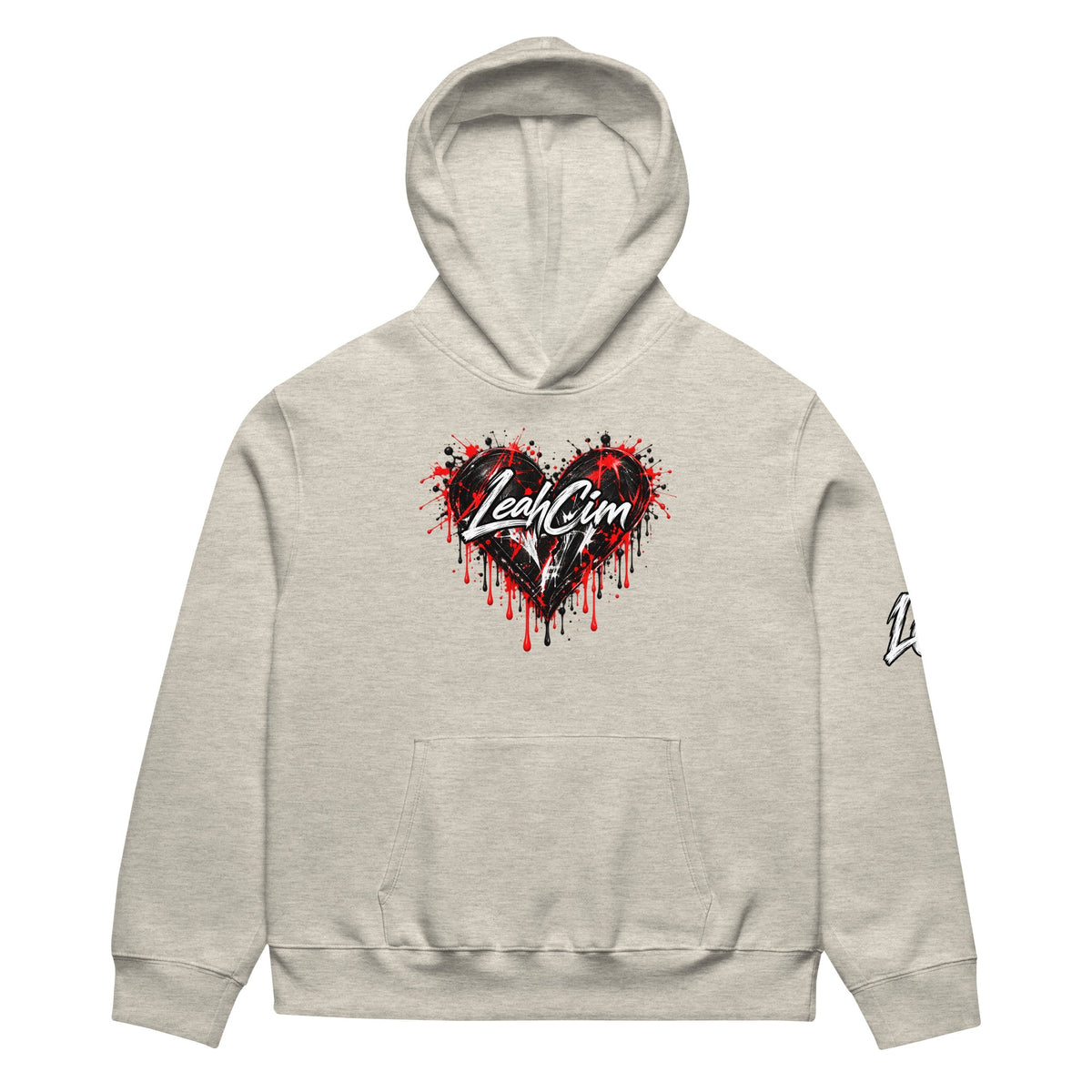 LeahCim Broken Heart Hoodie in Vintage Heather Grey, front view with updated LeahCim heart graphic