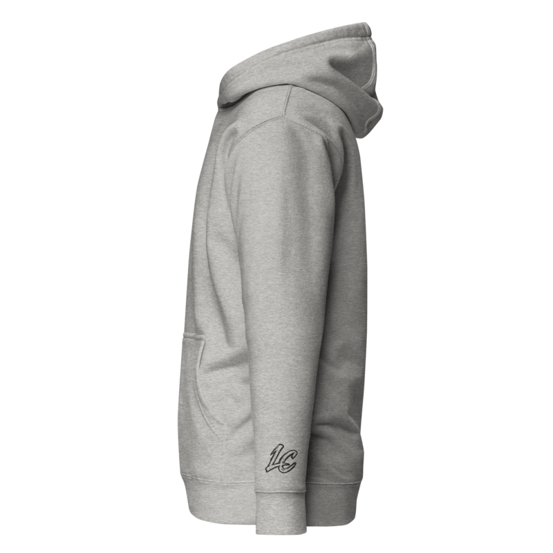 LeahCim Carbon Grey hoodie showing black LC wrist embroidery
