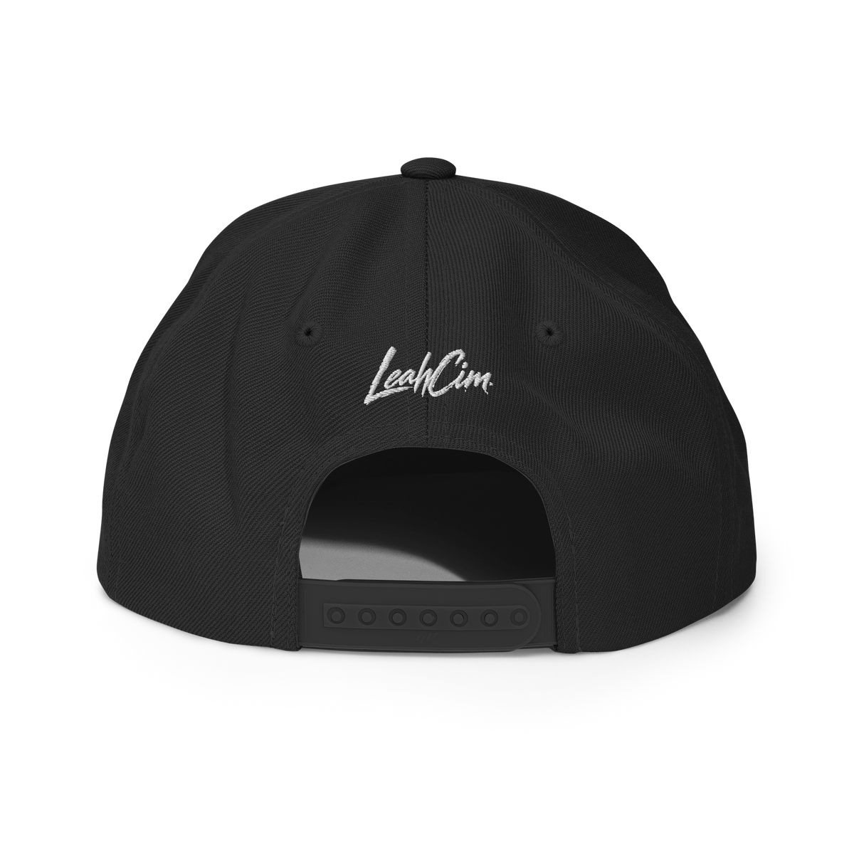 Black LeahCim Signature SnapBack Hat — back with LeahCim wordmark embroidery