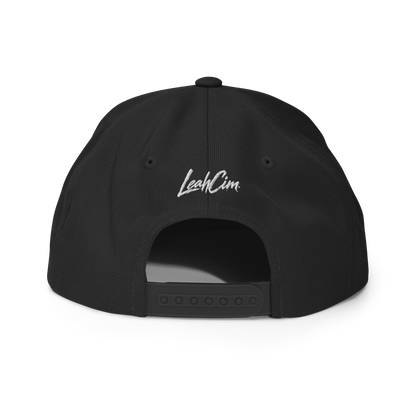 Black LeahCim Signature SnapBack Hat — back with LeahCim wordmark embroidery
