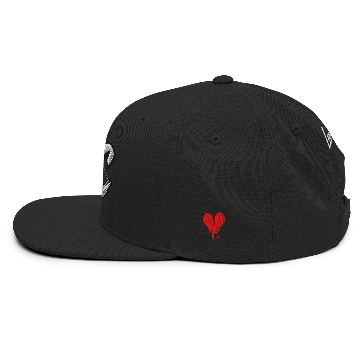 Black LeahCim Signature SnapBack Hat — left side with red broken-heart embroidery