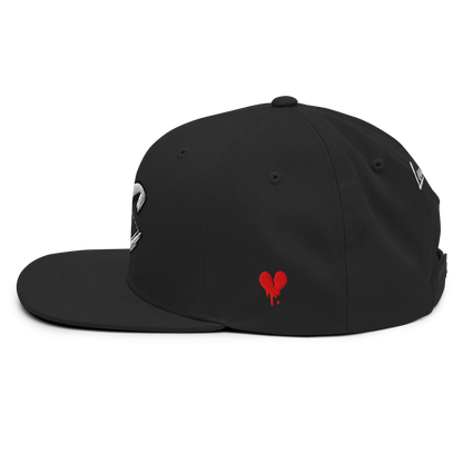 Black LeahCim Signature SnapBack Hat — left side with red broken-heart embroidery