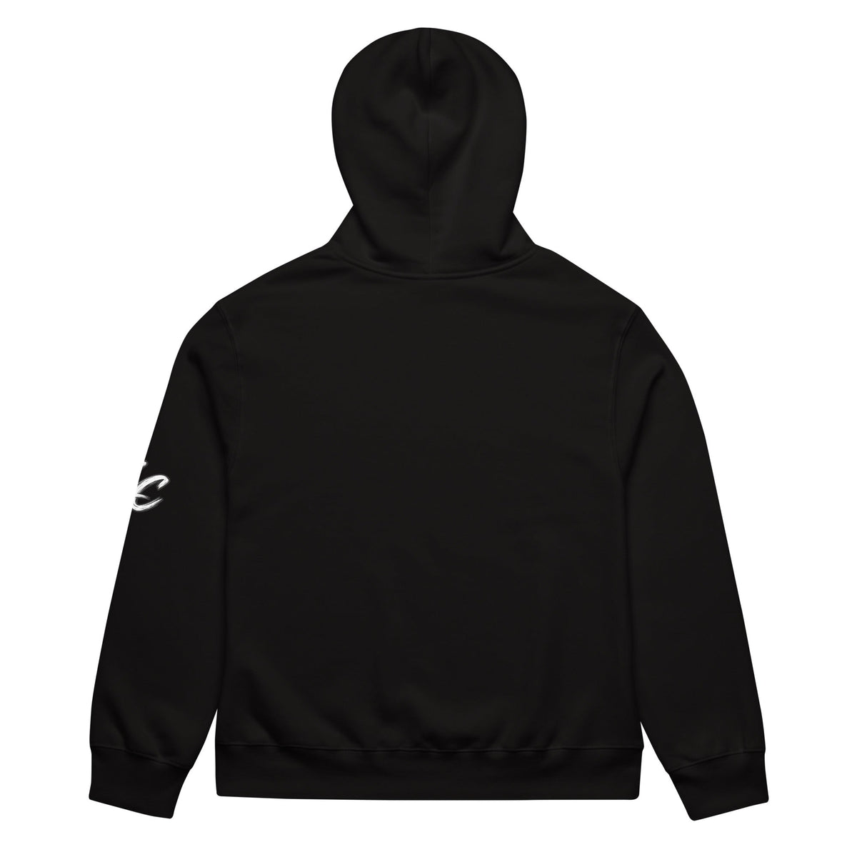 LeahCim Broken Heart Hoodie in Black, back view with left-sleeve LC detail
