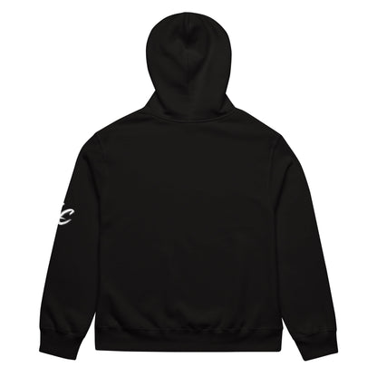 LeahCim Broken Heart Hoodie in Black, back view with left-sleeve LC detail