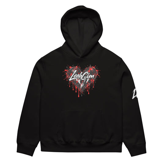 LeahCim Broken Heart Hoodie in Black, front view with updated LeahCim heart graphic
