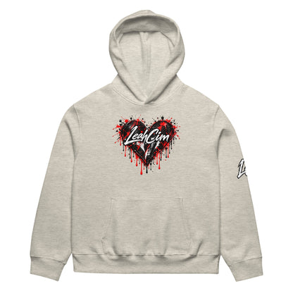 LeahCim Broken Heart Hoodie in Vintage Heather Grey, front view with updated LeahCim heart graphic
