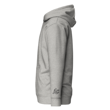 LeahCim Carbon Grey hoodie showing black LC wrist embroidery