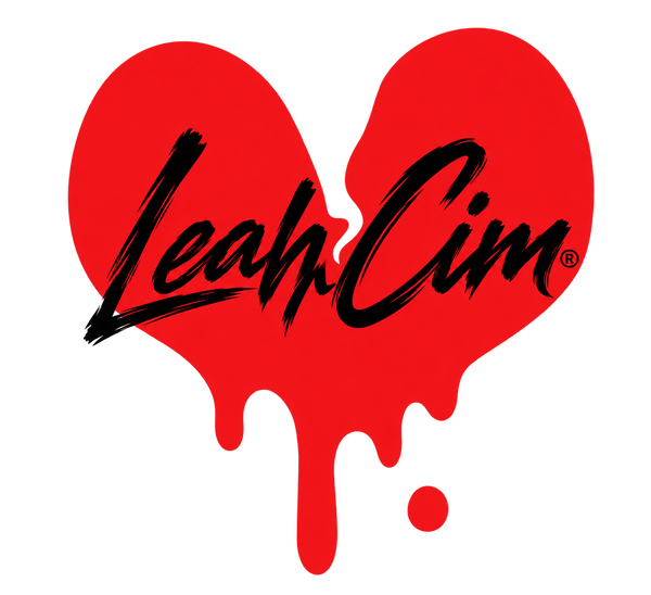 LeahCim brush-script lettering centered on the red dripping broken-heart logo