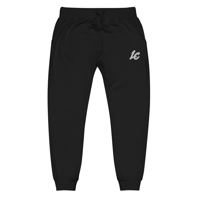 Black LeahCim Signature Premium Sweats with white LC embroidery, Printful production mockup