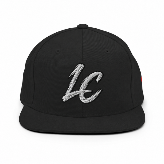 LeahCim Signature SnapBack Hat front with clean LC embroidery
